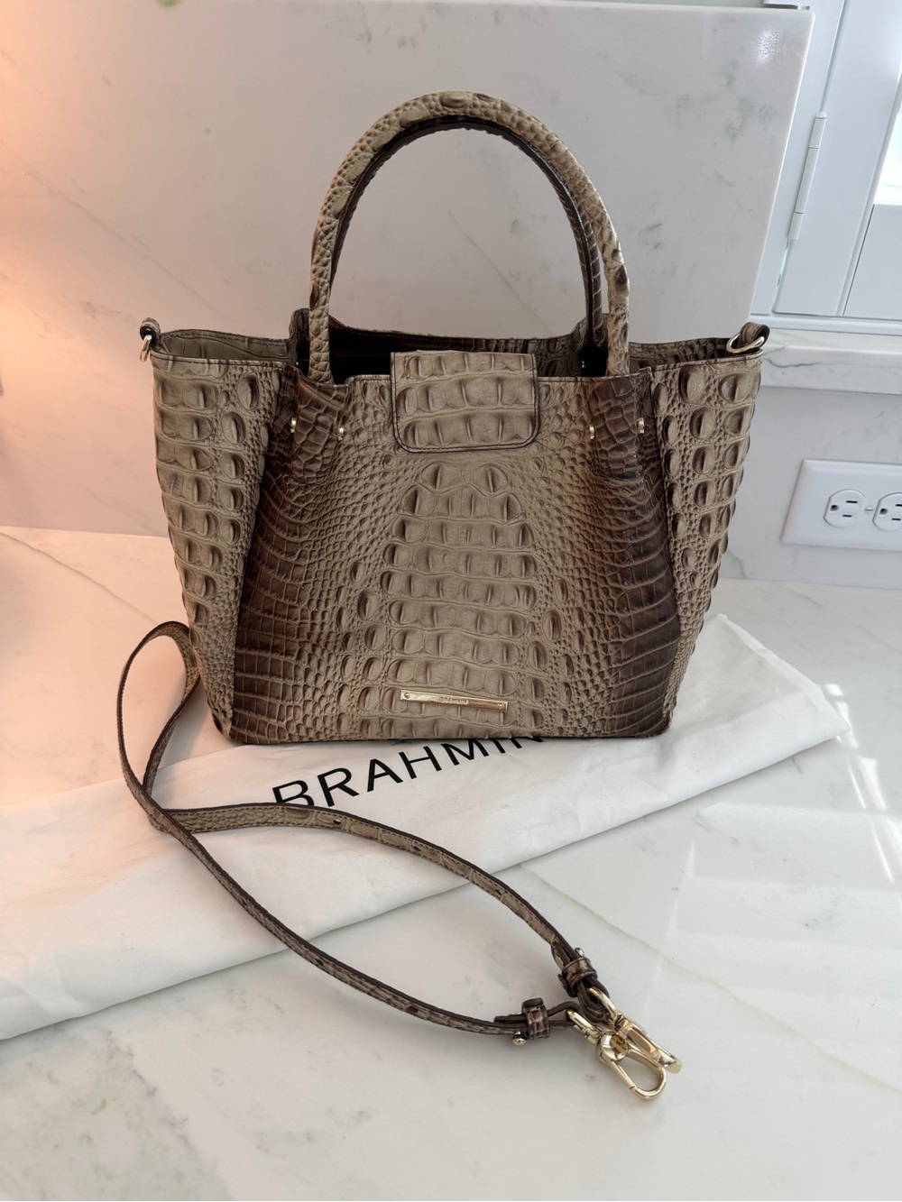 Brahmin Mallory in Latte Melbourne Croc-Embossed Leather